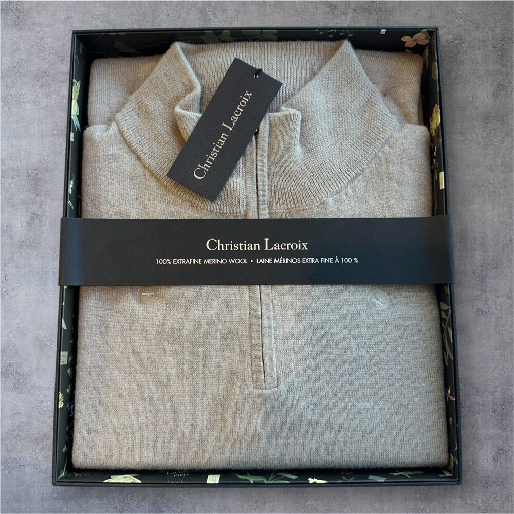 Christian Lacroix Men’s XXL 1/4 Zip Sweater Beige 100% Merino Wool – Long Sleeve